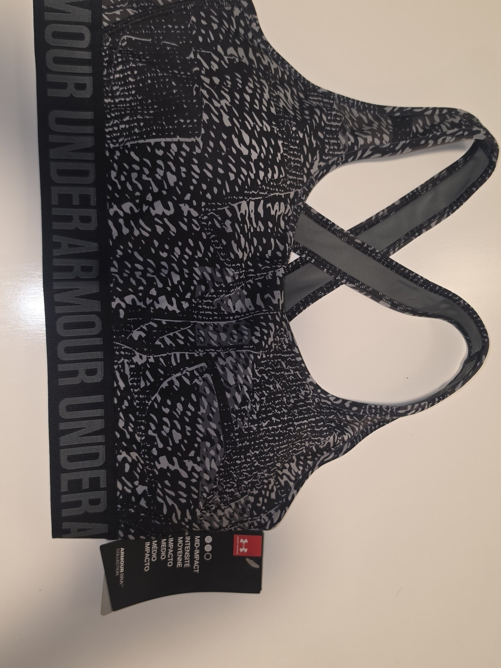 NWT Under Armour Mid-Impact Sports Bra Black Gray Print Logo Band Size L - Picture 6 of 10